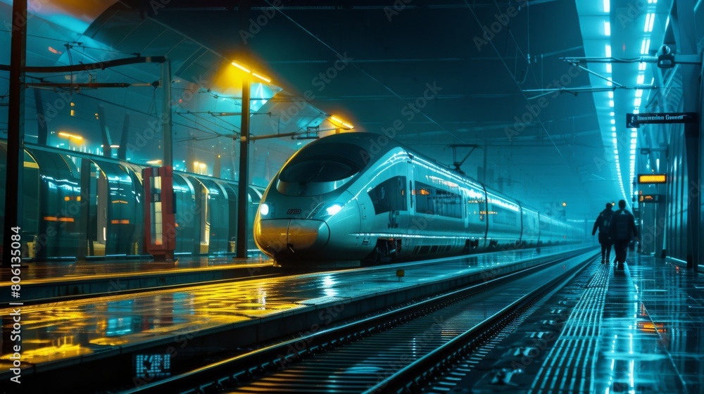 Aufkleber A high-speed train platform at night, illuminated by the glow of overhead lights as passengers await their sleek and swift transport.