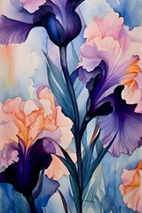 beautiful art  with svibrant purple-pink  irises flowers against pink abstract  background. close up. paint watercolor style. Ai genarated