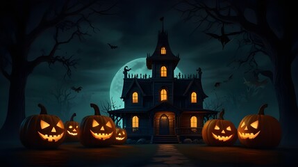 Haunted House, Pumpkins, and Evil Pumpkin in Spooky Forest - 3D Render for Invitations, Banners, Advertisements, and Educational Materials
