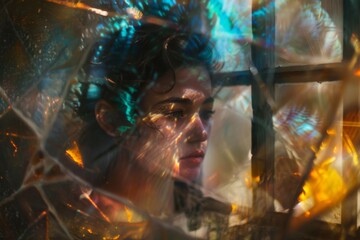 A woman is looking out of a window with a blurry reflection of her face