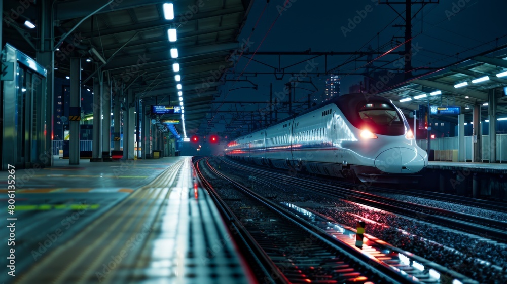 Poster a high-speed train platform at night, illuminated by the glow of overhead lights as passengers await