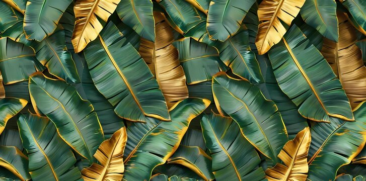 Seamless tropical pattern, golden grunge banana leaves, palms in the jungle. Vintage textured 3d illustration, premium design. Abstract background. 