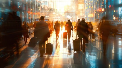 Business travelers hurrying through a bustling airport terminal, luggage in tow, while holding...