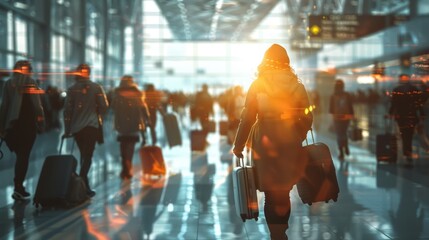 Business travelers hurrying through a bustling airport terminal, luggage in tow, while holding their boarding passes.