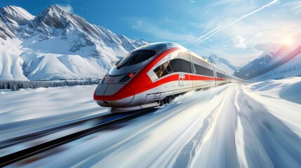 A high-speed train slicing through snow-covered landscapes, showcasing its all-weather capabilities and reliability.