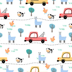 Farm pattern design.Cute tractor  and vehicle ,cute animal on dark background. pattern.tractor pattern design for kids clothing ,card, fabric.tractor truck abstract seamless pattern