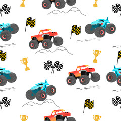 Cartoon car pattern.monster car racing and racing flag on white background.monster truck pattern design for kids ,fabric ,clothing kid. Monster car design. © sirinporn