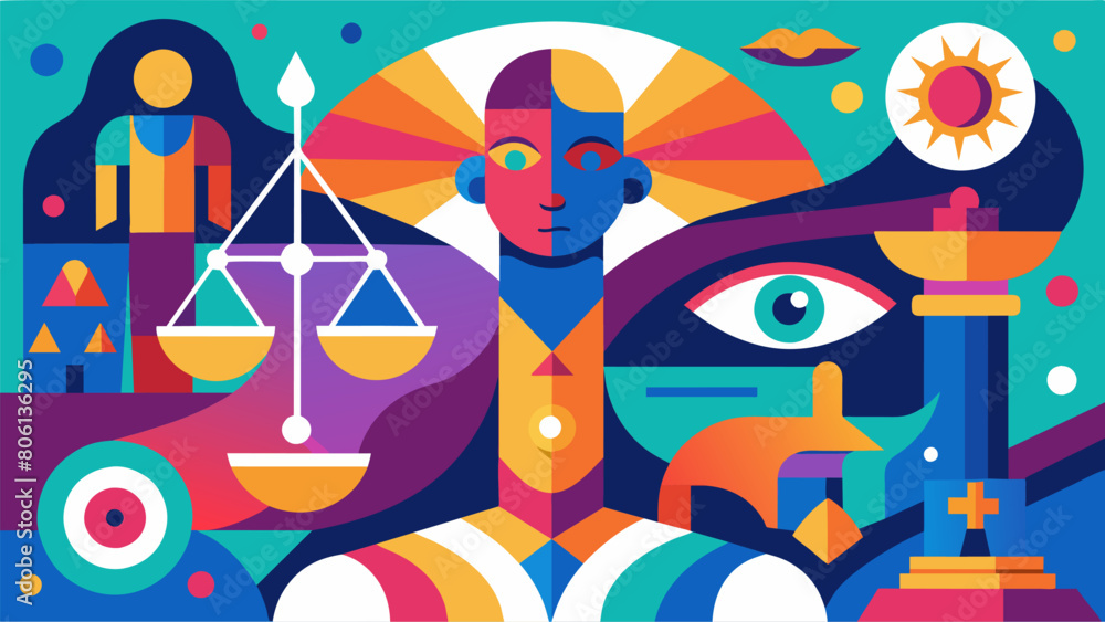 Poster an abstract painting depicting the intertwining concepts of wisdom justice courage and moderation in
