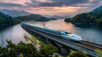 A high-speed train zooming past scenic countryside landscapes, demonstrating the seamless connection between urban centers.