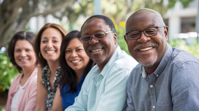 A joyful group of diverse middle-aged adults smiling together in a park, enjoying a sunny day