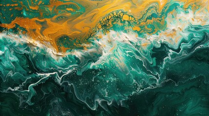 Fototapeta premium Abstract fluid art with dark green ocean waves and golden foamy crests, created using acrylic