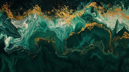 Abstract fluid art with dark green ocean waves and golden foamy crests, created using acrylic
