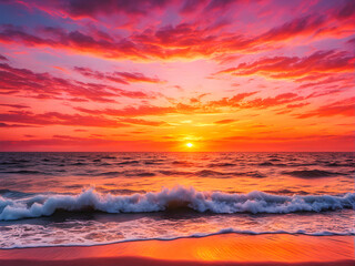 Fototapeta premium Tropical Paradise Awaits: Sunsets Painted in Pink, Orange, and Red Over the Sea. Summer Magic: The Sea Blazes with Color in a Vibrant Orange Sunset. generative AI