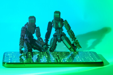 Concept photo of people's addiction to social networks. Figures of people with a telephone
