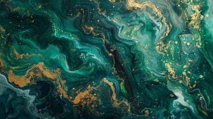 Abstract fluid art with dark green ocean waves and golden foamy crests, created using acrylic
