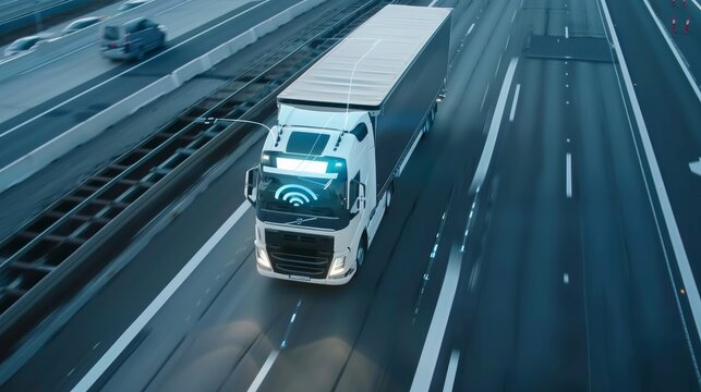 An aerial perspective of an autonomous truck navigating a highway using autopilot and traffic sensor technology
