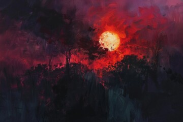Fototapeta premium A painting of a red sun in the sky with trees in the background