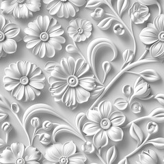 3d Embossed Wallpapers Flowers in White, Seamless Pattern