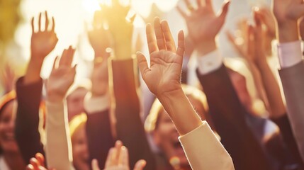 A joyful crowd of diverse people raising their hands together, celebrating a moment of unity and happiness - Powered by Adobe