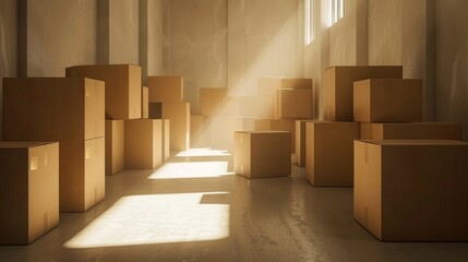 Capture the essence of relocation with this depiction of cardboard boxes in an empty room