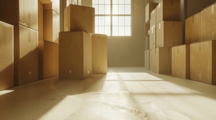 Capture the essence of relocation with this depiction of cardboard boxes in an empty room
