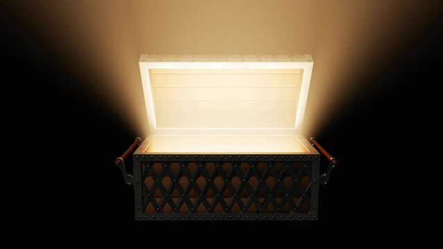 The chest opens and a yellow light shines out of it. 3d animation