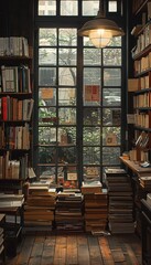 Fototapeta premium A libraly with bookshelves and a large window