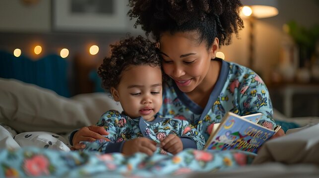 Mother and child in matching pajamas, sharing a bedtime story