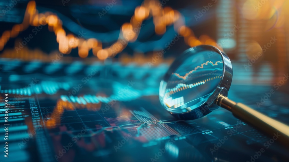 Poster a magnifying glass focused on stock market data charts, emphasizing the importance of detailed analy