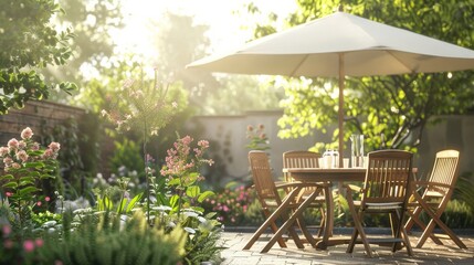 Enjoy a serene summer day in a beautifully maintained garden featuring a cozy patio, wooden furniture