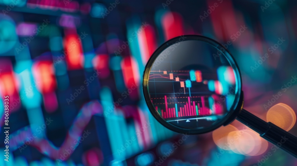 Poster a magnifying glass focused on stock market data charts, emphasizing the importance of detailed analy