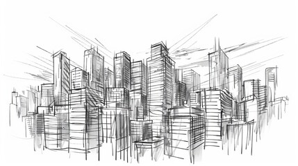 Enhance your projects with this meticulously hand-drawn city sketch, featuring intricate black ink details on a clean white background
