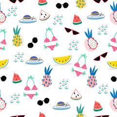Summer pattern.Summer concept design. watermelon, dragon fruit, flower , sunglasses , hat ,bikini on white background, cute pattern design