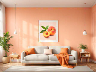 Sun-Kissed Serenity: Warm Peach Walls Create a Spacious Retreatю Light and Airy Room Bathed in a Peach Glow. generative AI