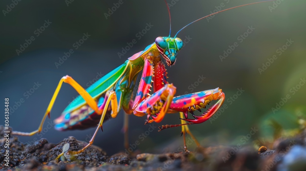Poster A mantis nymph displaying its vibrant coloration and striking pose, warning potential predators of its unpalatability with bold warning colors.
