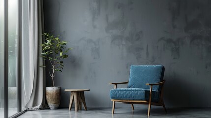 An elegantly styled interior featuring a grey wall, a striking blue armchair, and a wooden side table