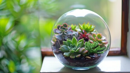 A charming mini succulent garden housed in a glass terrarium, beautifully placed on a windowsill