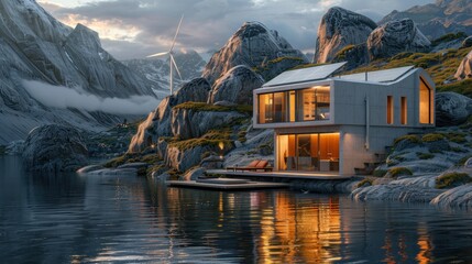 the harmony of nature and technology with a sustainable off-grid lifestation featuring solar panels and wind turbines in a remote setting