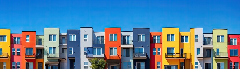 Obraz premium Charming Diversity: Residential Building Showcases Colorful Bay Windows Across its Facade