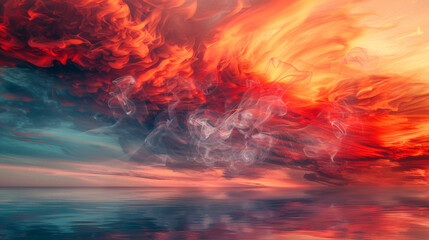 An abstract arrangement of smoke in vivid reds and oranges, evoking the fiery beauty of a sunset over the ocean.