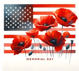 Watercolor illustration for memorial day with red poppies and american flag.