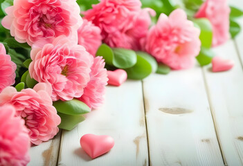 A bouquet of pink flowers with pink hearts scattered around it on a white wooden background