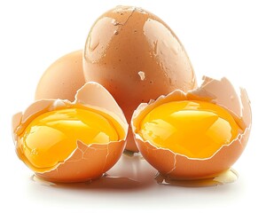 Image of two brown eggs, one cracked with the yolk exposed, on a white background.