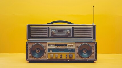 A classic retro portable stereo boombox radio cassette recorder from the 80s set against a bright yellow background