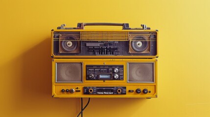 A classic retro portable stereo boombox radio cassette recorder from the 80s set against a bright yellow background