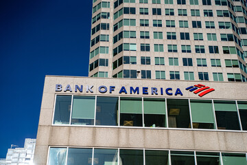 Naklejka premium Bank of America in downtown Toronto. The Bank of America Corporation is an American multinational investment bank and financial services holding company. Toronto, Canada - April 30, 2024.
