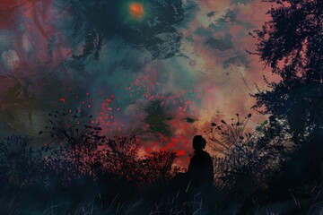 Fototapeta premium A person is standing in a forest with a red sky in the background