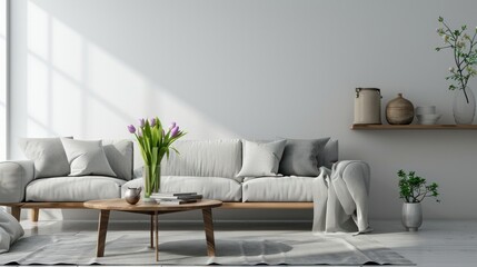 A stylish Scandinavian living room featuring a design grey sofa, wooden coffee table, and lush plants