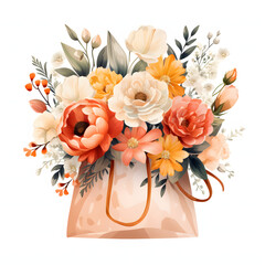A classic clip art of a beautiful Flower Paper bag, freshy colourful, overflowing with assorted blooms and greenery, beautiful wedding style, single objects, isolated on white background.