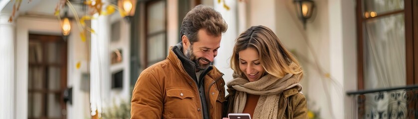Fototapeta premium Young couple checking their home energy system on a smart phone